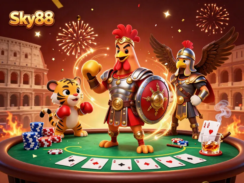 Sky88 showcases an energetic scene with characters, poker elements, and vibrant details in a colosseum.