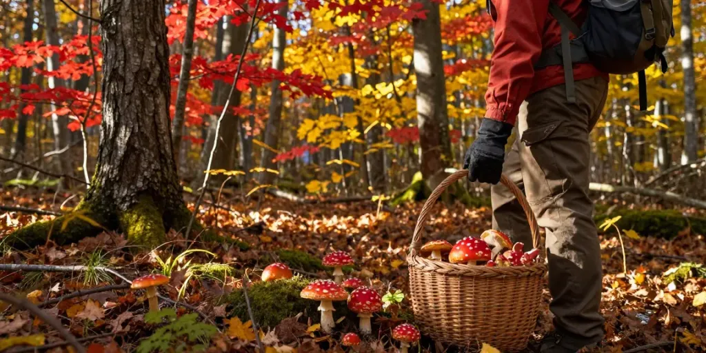 Fliegenpilz kaufen: Person im Wald beim Sammeln von Amanita muscaria Pilzen.
