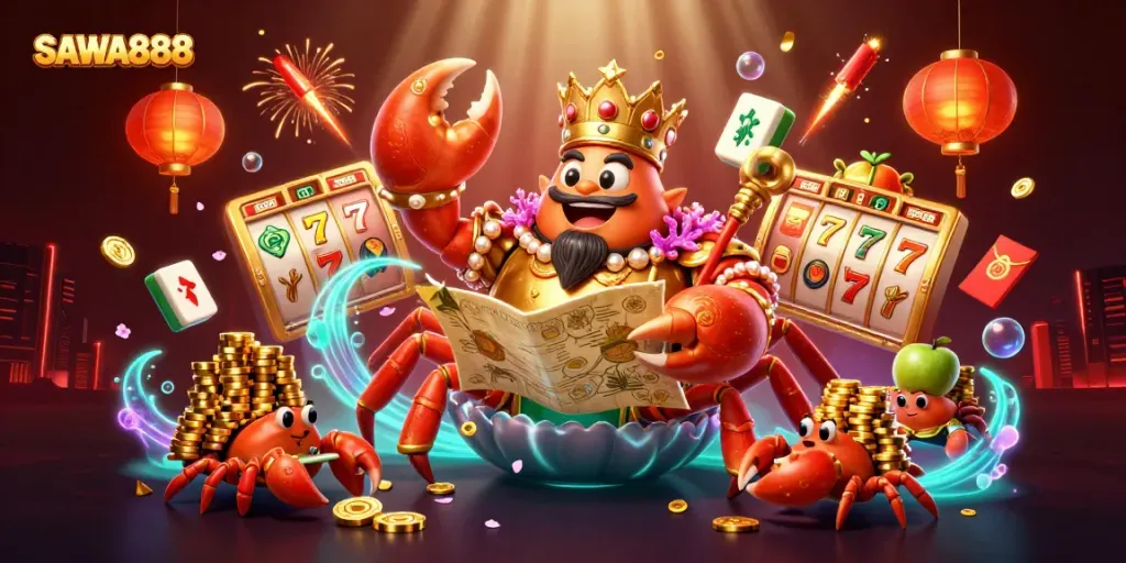 Experience the excitement of SAWA888 with a golden crab emperor and dynamic gambling elements.