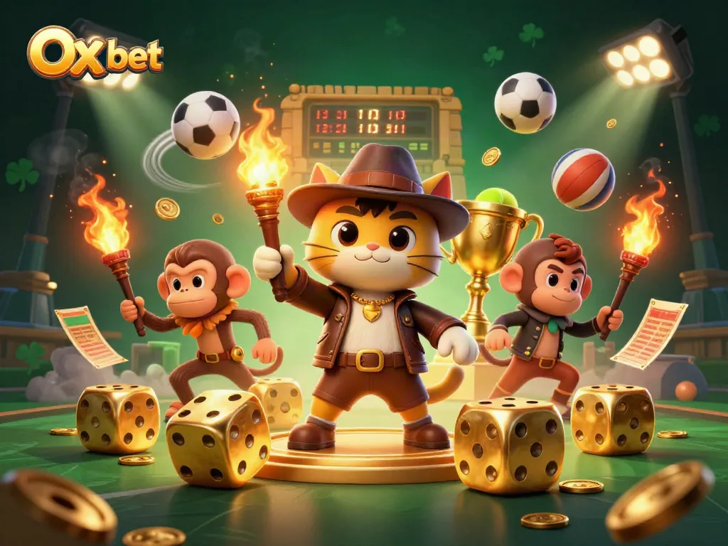 Betting at Ox bet brings thrilling excitement with a 3D illustration of an explorer cat and golden artifacts.