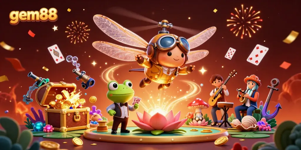 Experience thrilling casino action at gem88 with a whimsical 3D illustration featuring unique characters and vibrant game elements.