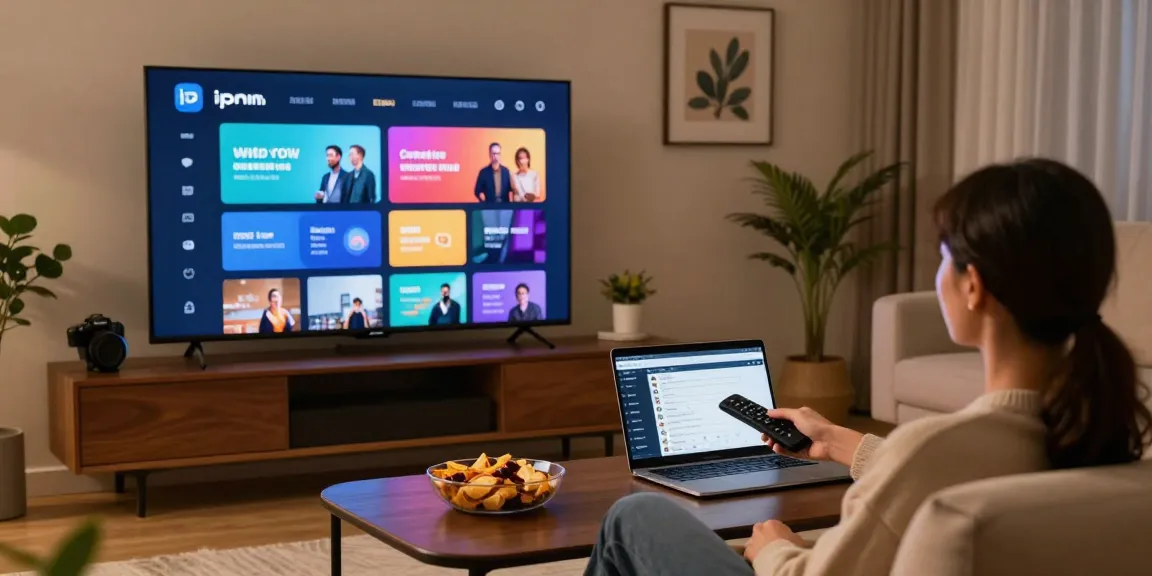 Benutzer genießt den IPTV Smart Player Pro in einem modernen Wohnraum mit Snacks und Laptop.