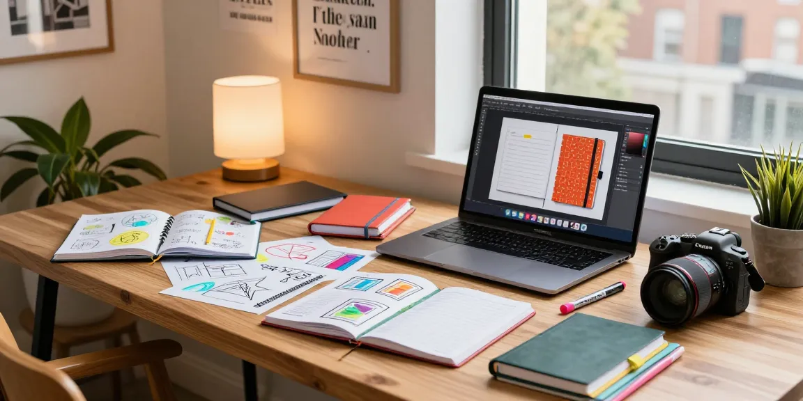 Designer utilizing custom printed notebooks at a modern workspace filled with creativity and inspiration.