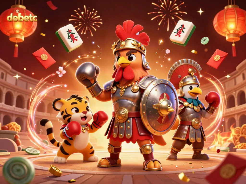 Enjoy debetc's thrilling gaming action with a dynamic scene featuring a gladiator rooster and colorful elements.