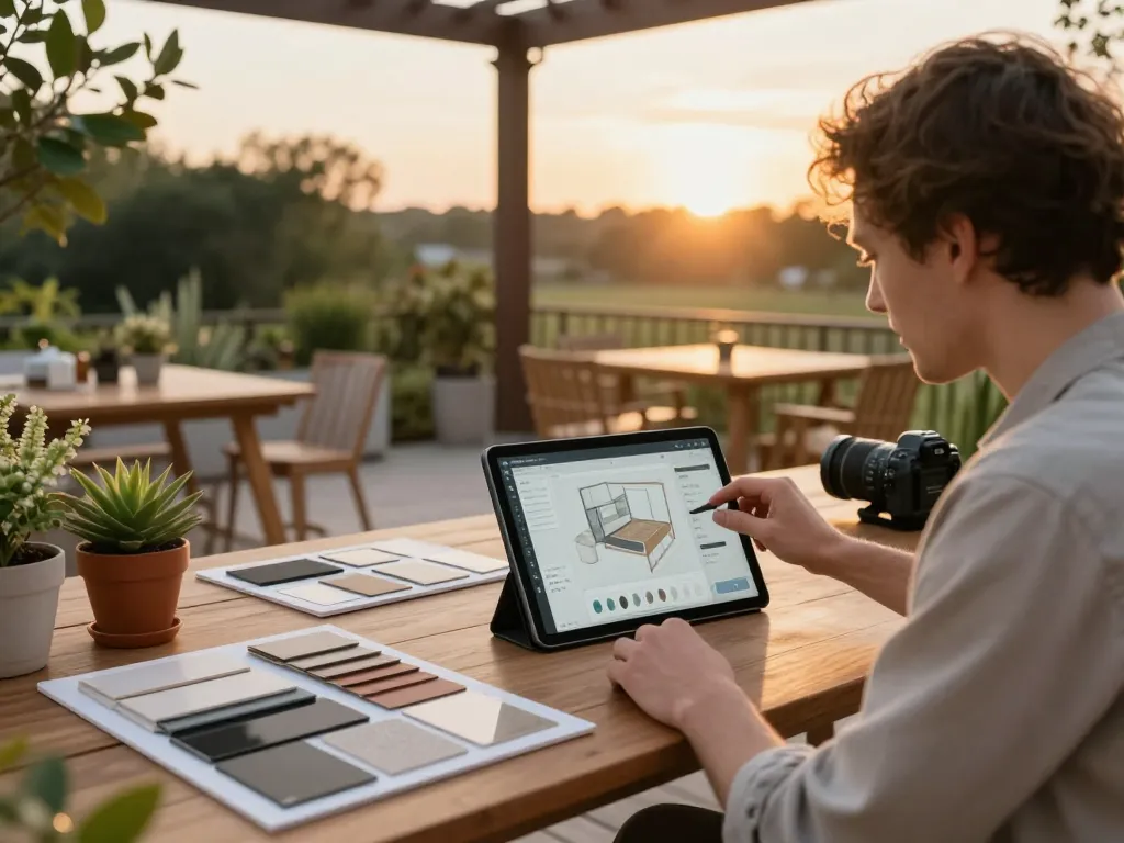 Echtzeit-Veranda 3D Konfigurator-Setup, das innovative Gestaltungslösungen für Außenräume mit einem interaktiven Tablet präsentiert.