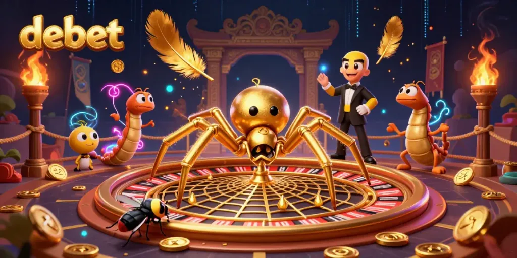 Engage with debet in a vibrant casino world, highlighted by a golden spider and interactive gaming elements.