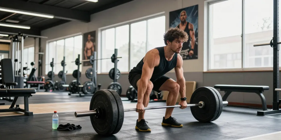 Anabolika Shop: Bodybuilder hebt Gewichte in moderner Fitnessumgebung mit intensiver Trainingsatmosphäre