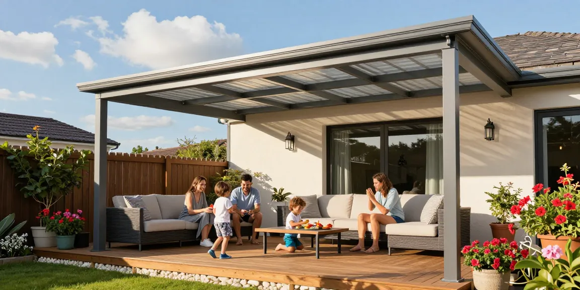 Moderne Terrassenüberdachung schützt die Familie beim Spielen im Freien.