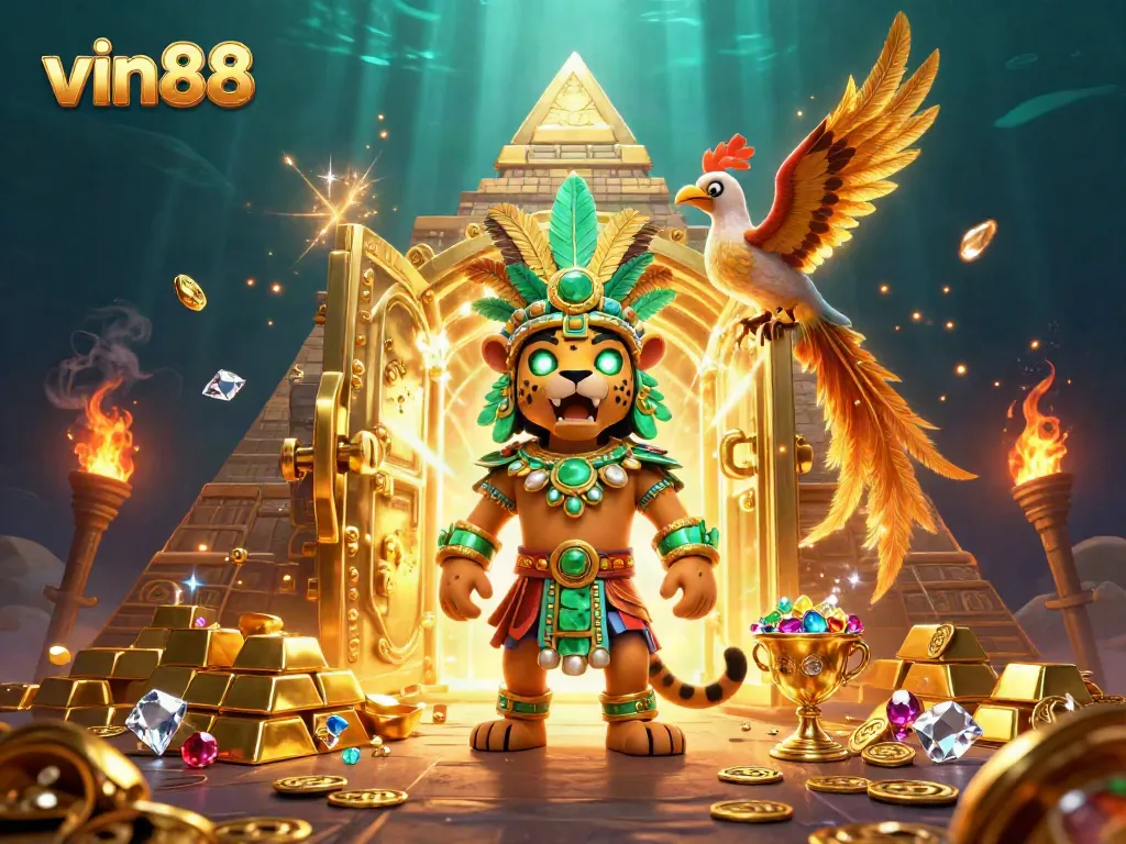 Experience the thrilling world of vin88 with vivid treasures and characters in a vibrant casino setting.