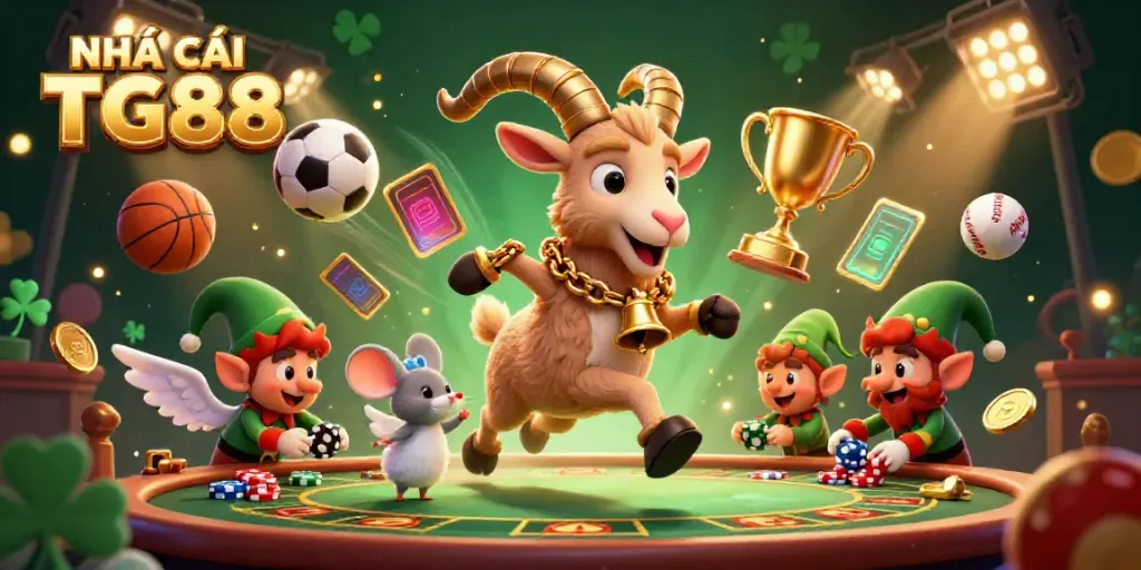 Engage with NHÀ CÁI TG88's festive casino scene featuring lively characters and dynamic gaming elements.