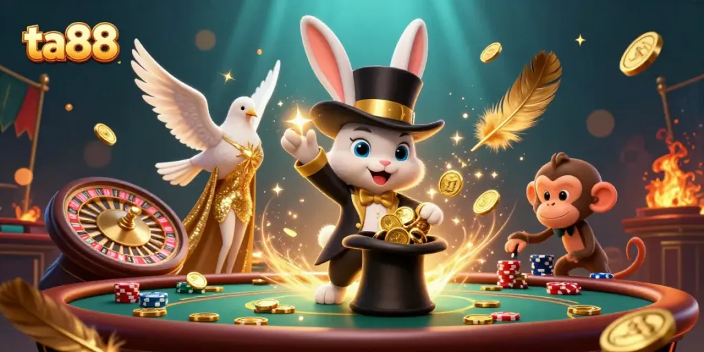Engage in thrilling moments at ta88 with a dynamic scene featuring a magician rabbit, dove, and monkey amidst a lively casino.