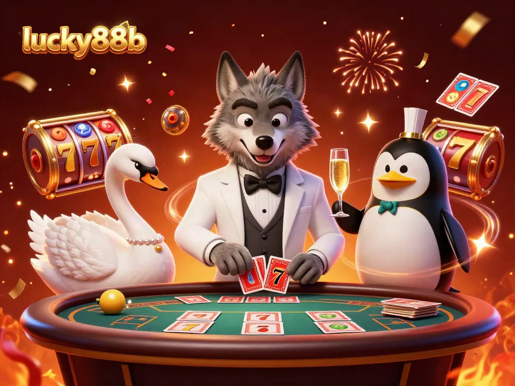Experience thrilling gameplay with lucky88b as a stylish wolf, elegant swan, and sophisticated penguin celebrate casino wins.