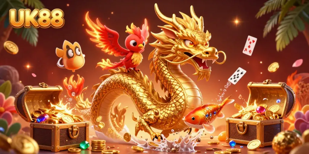 Engage with UK88's immersive gaming experience featuring a golden dragon, phoenix, and vibrant casino elements.