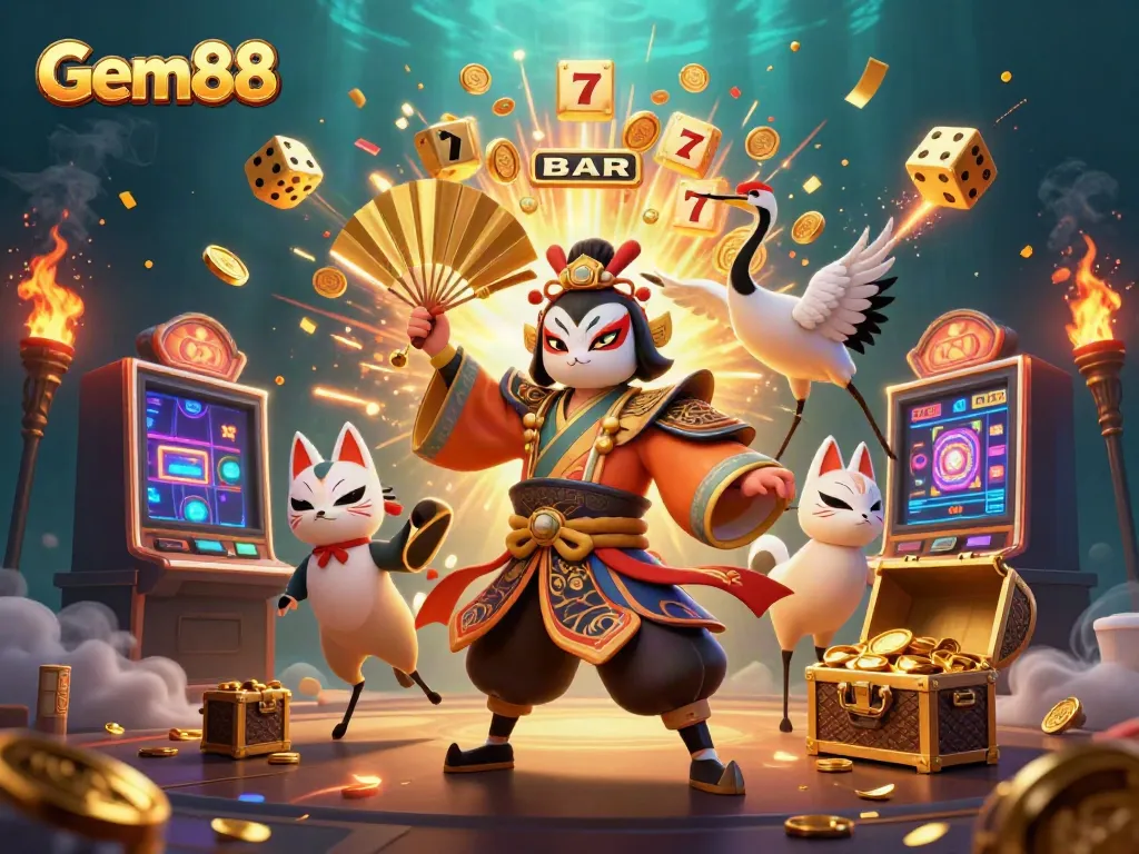 Experience the excitement of Gem88 with a vibrant illustration featuring slots and action-packed casino elements.