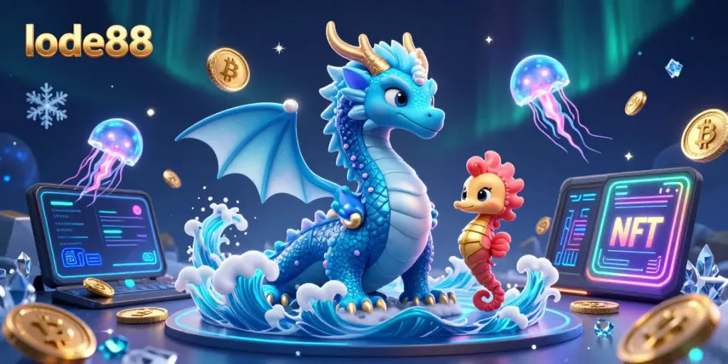 Engage with lode88 as a dazzling azure water dragon and seahorse knight navigate glowing crypto elements.