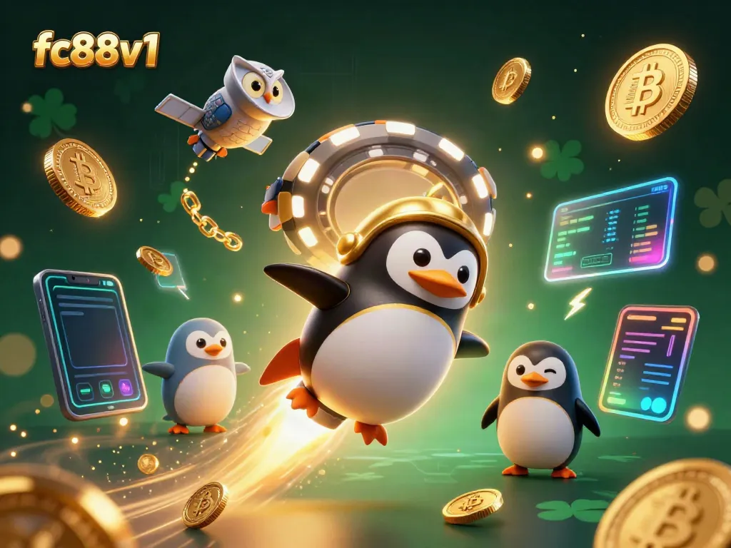 Experience thrilling gameplay with fc88v1 as the golden penguin flies to a poker chip space casino.