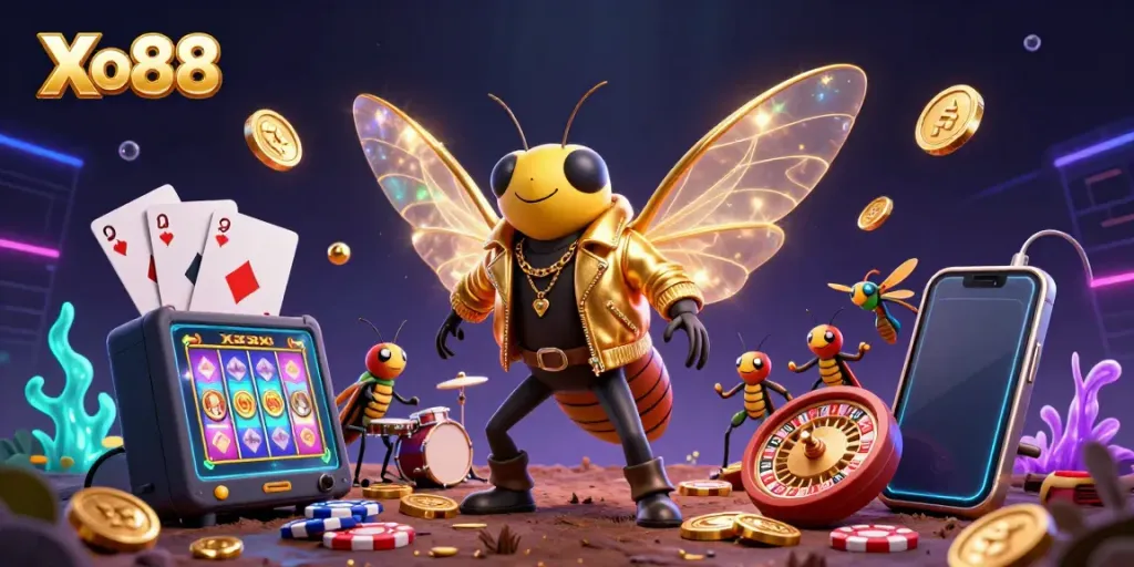 Spin and win at Xo88 with vibrant 3D casino character illustration featuring dynamic game elements.