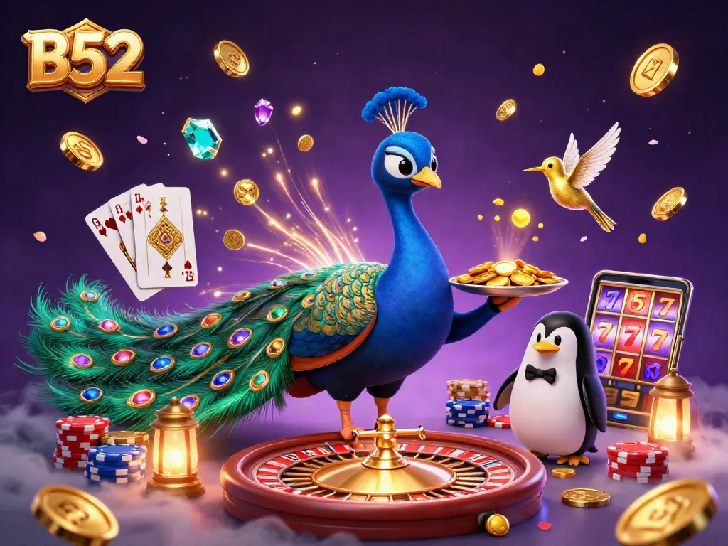 Engage in thrilling games at B52 with the 3D aristocratic peacock amidst vibrant casino elements.