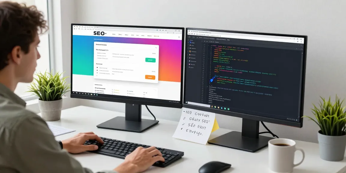 Website mit SEO-Analyse in einem modernen Design-Arbeitsbereich mit Keyword-Tools und lebhaften Layouts.