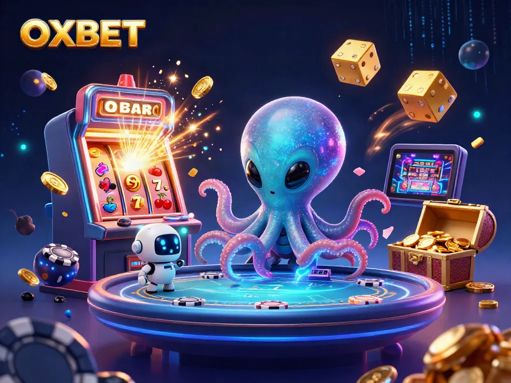 Play exciting casino games at OXBET with a 3D cartoon octopus and poker table illustration.