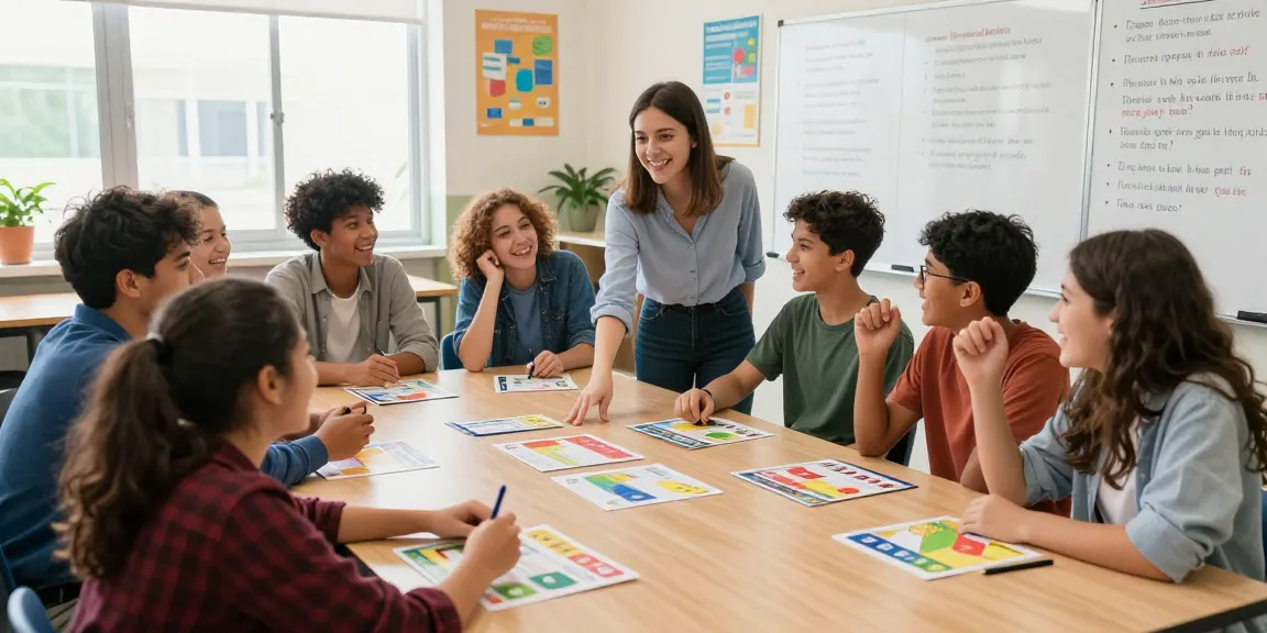Students engaging in Quiz Allgemeinwissen competition in a bright classroom setting, showcasing teamwork and knowledge.