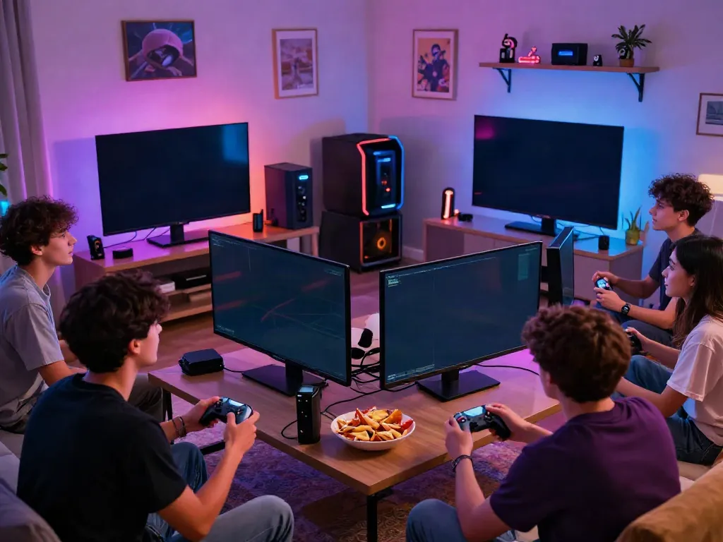 Friends enjoying a gaming night focused on ROKOK88 in a cozy living room.