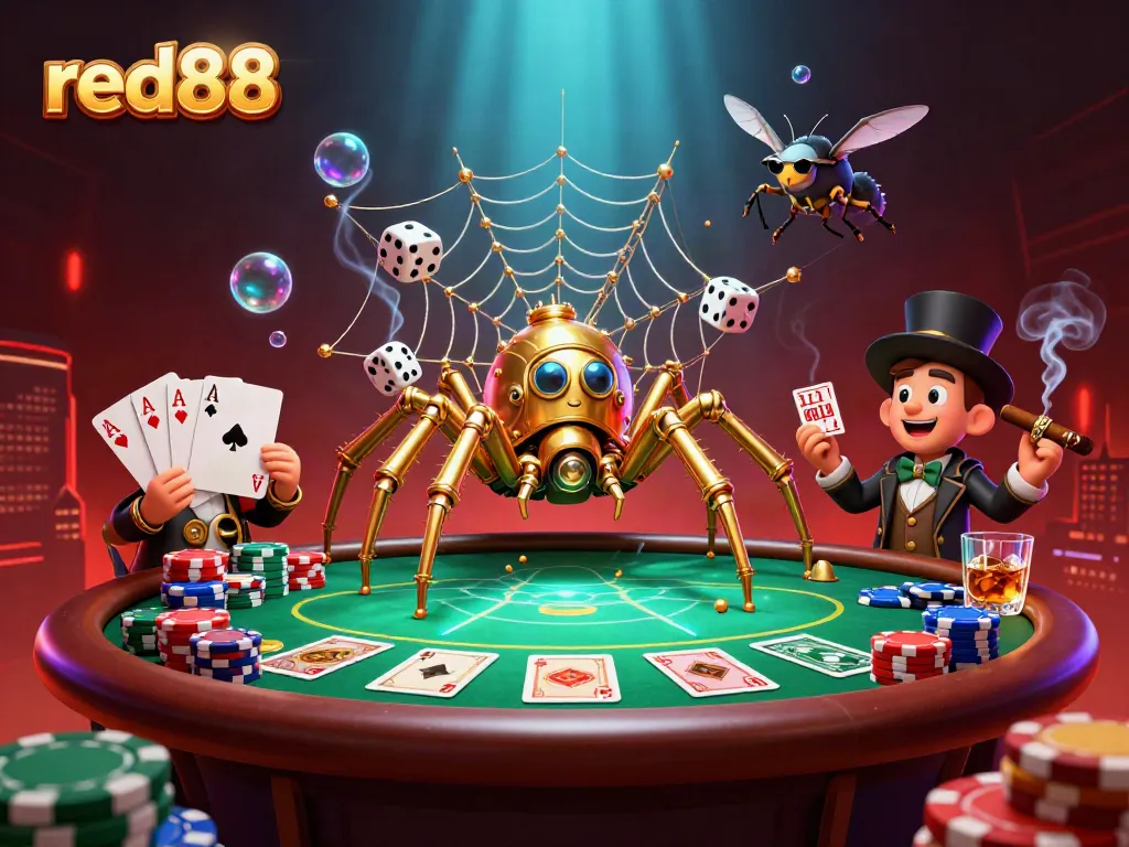 Play the thrilling games at red88 surrounded by a golden spider and poker elements.