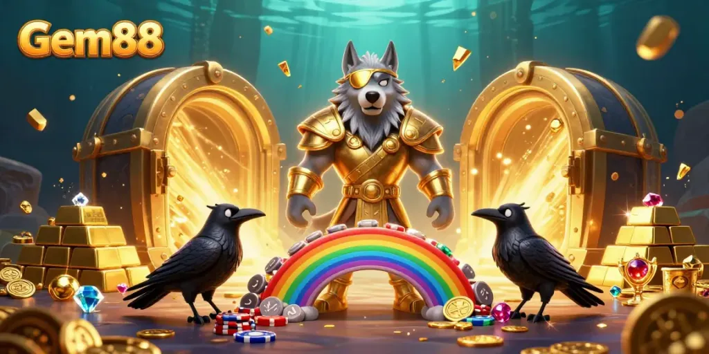 Join the excitement at Gem88 with a vibrant 3D scene featuring Odin, ravens, and overflowing treasure.