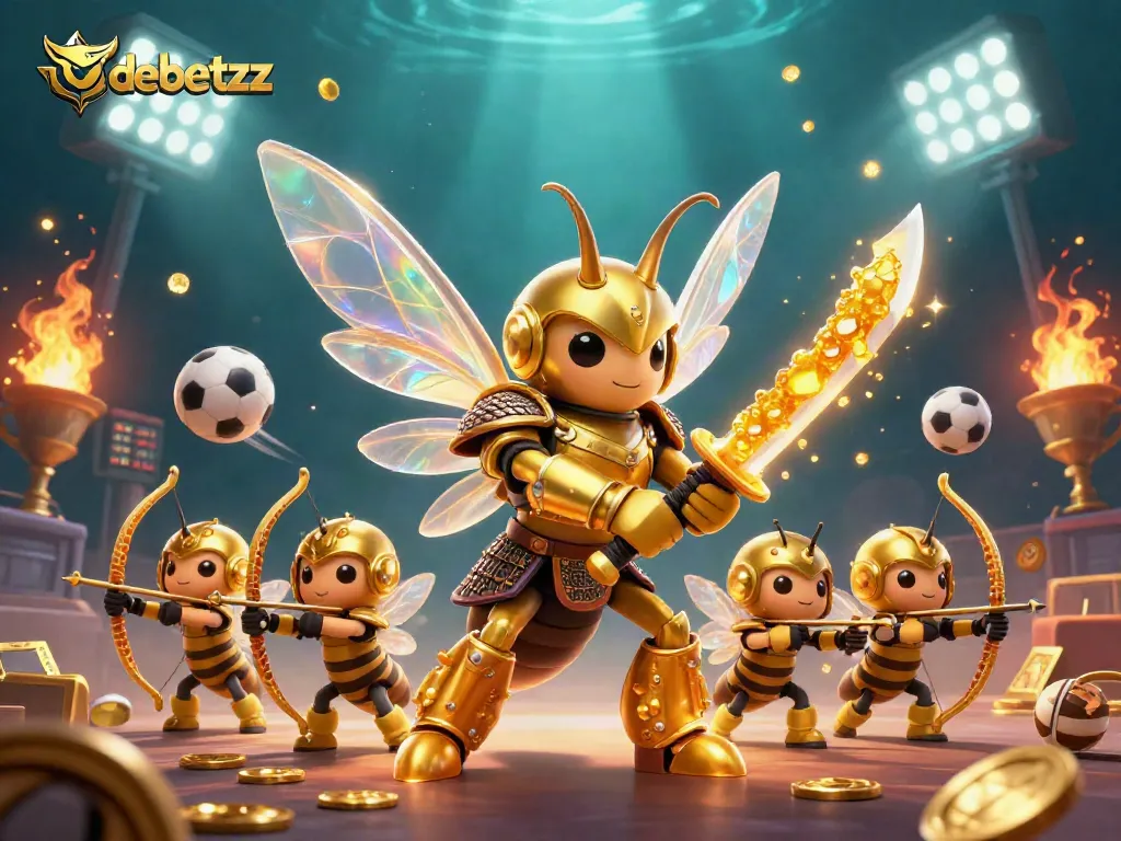Experience the excitement of debetzz with a vibrant 3D scene of sports betting action featuring dynamic golden characters.