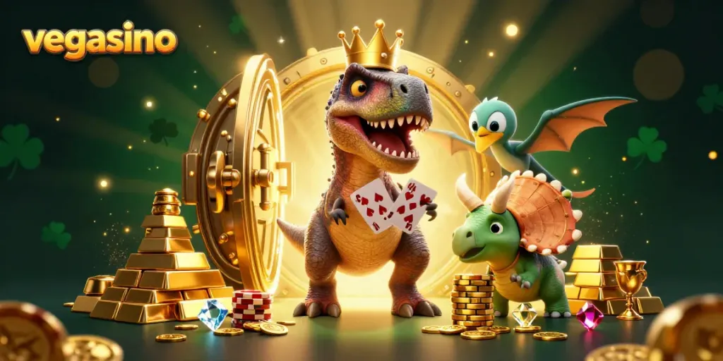 Join the fun at vegasino, as a T-Rex attempts card tricks with gold chips and gems scattered around.