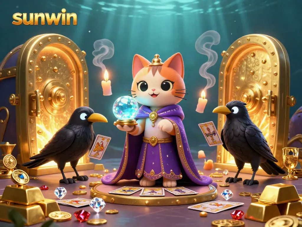 Engage with sunwin through a colorful 3D illustration featuring gaming elements and a mystical atmosphere.
