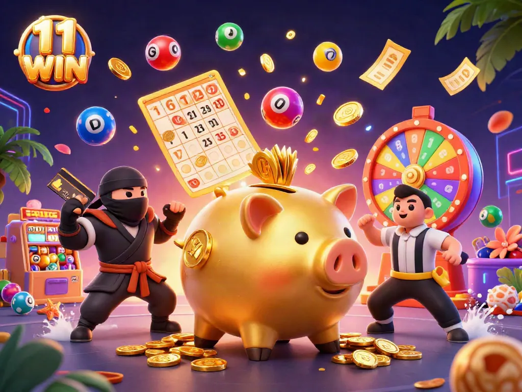 Engage with casino fun at 11 WIN featuring a sumo wrestler and vibrant elements.
