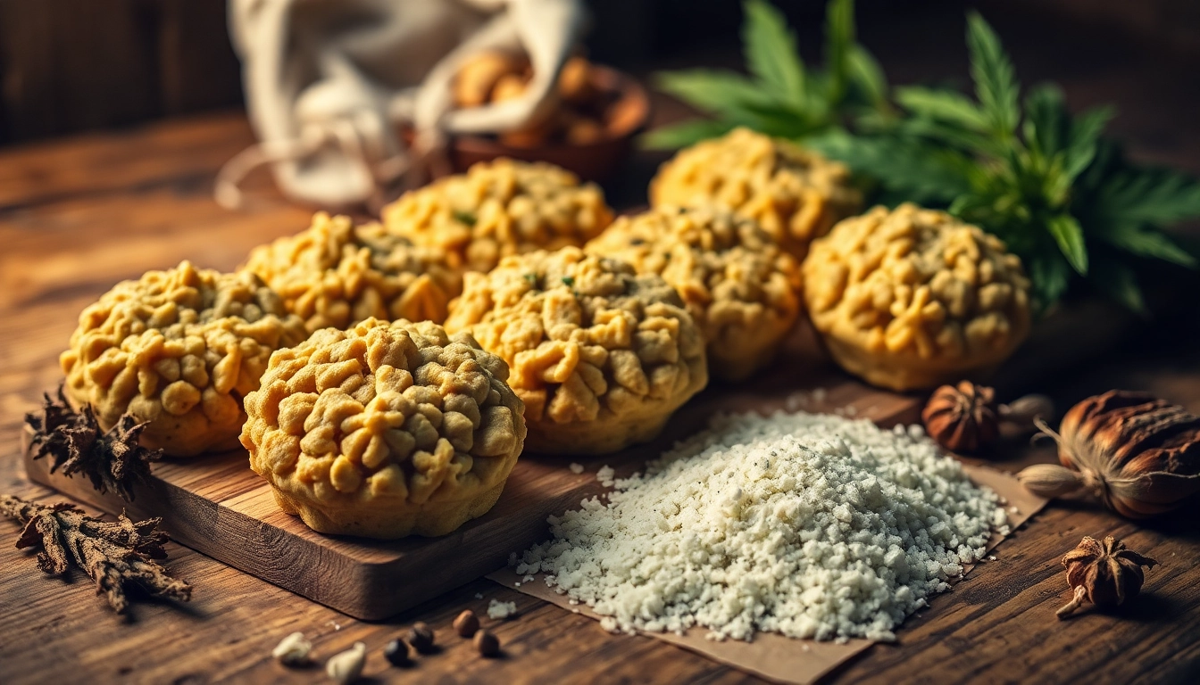 Leckere Cannabis Kekse frisch aus dem Ofen mit nussiger Textur und feinen Kräutern dekoriert.