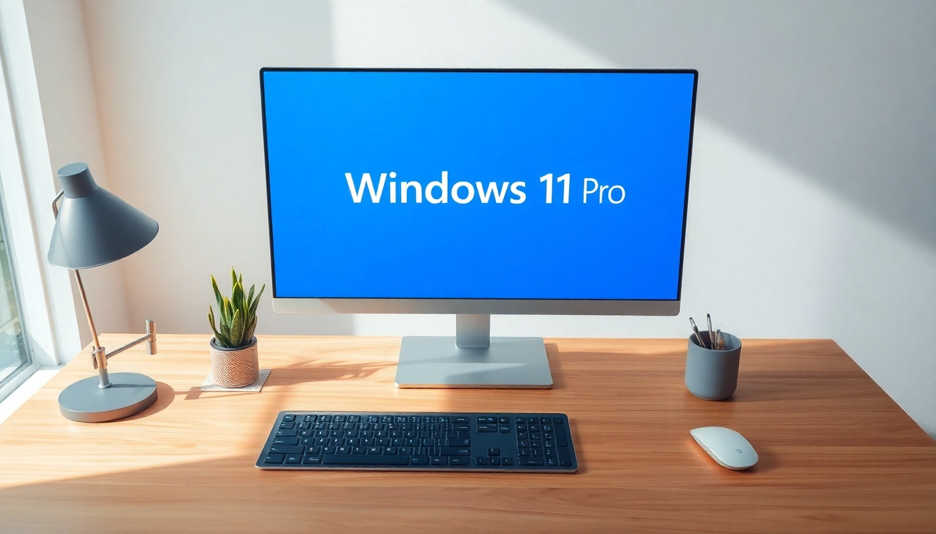 Erleben Sie die Benutzeroberfläche von Windows 11 Pro auf einem eleganten Arbeitsplatz mit modernem Design.