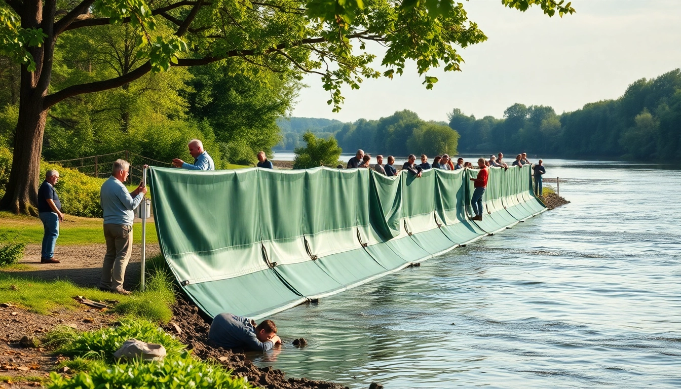Hochwasser Linienschutz in Aktion: Gemeinschaftlich aufgestellte Flutbarrieren am Ufer, umgeben von Natur.