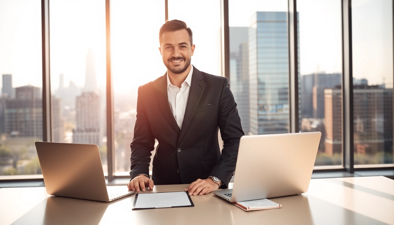 Headhunter im modernen Büro mit Laptop und Notizen, der Vertrauen ausstrahlt.