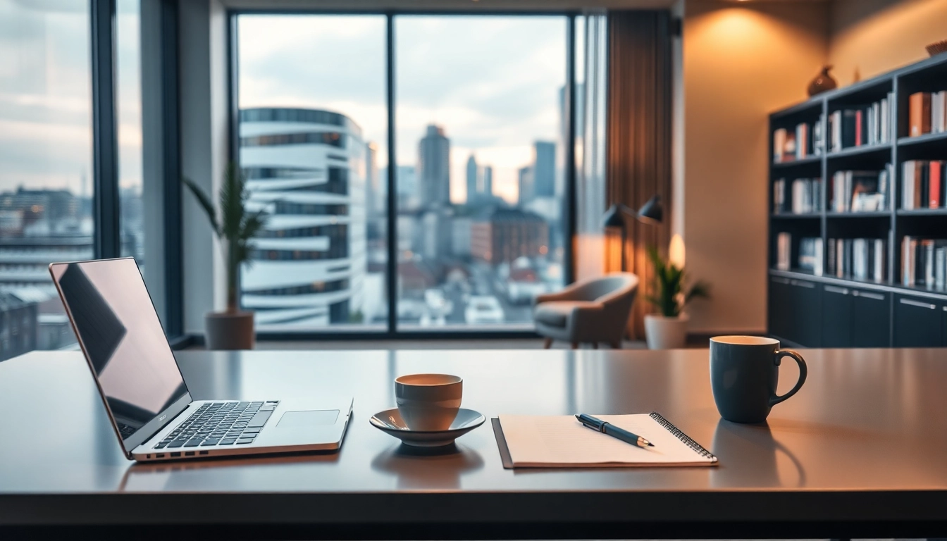 Efficient workspace of a Headhunter Köln showing modern desk setup and cityscape view.