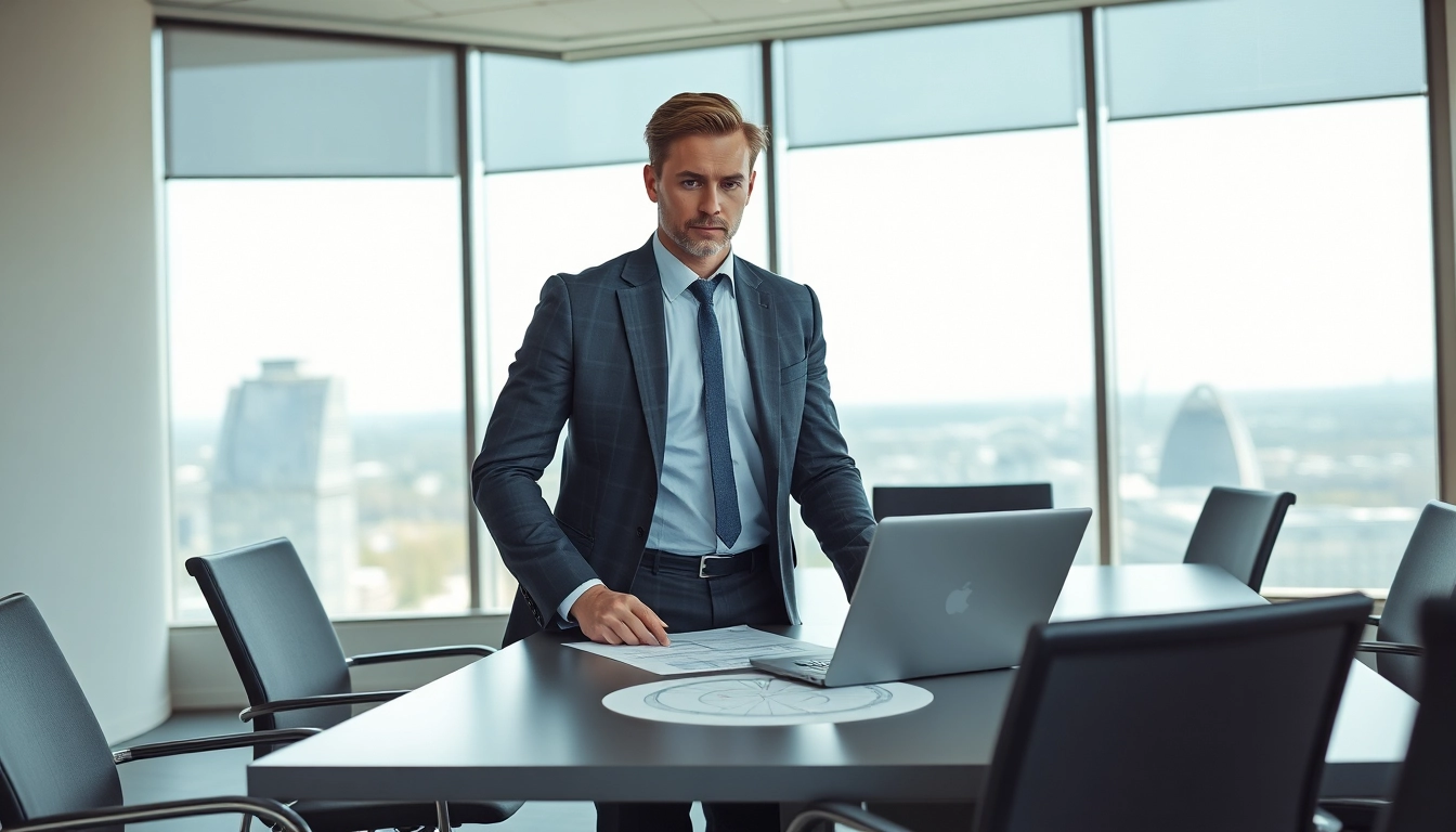 Headhunter Ingenieure in einem modernen Büro, während er technische Pläne analysiert.