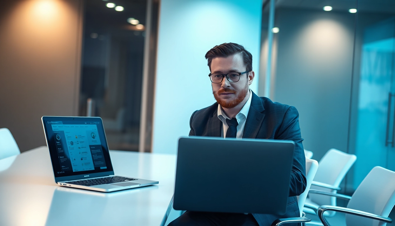 Headhunter IT bei der Arbeit am Konferenztisch, analysiert Lebensläufe am Laptop.
