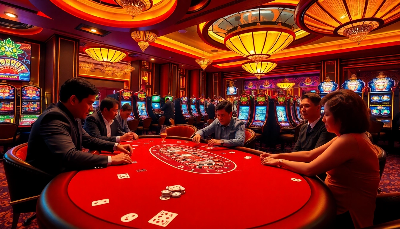 Experience the thrill of Nhà cái XX88 at a luxurious casino with poker tables and vibrant slot machines.