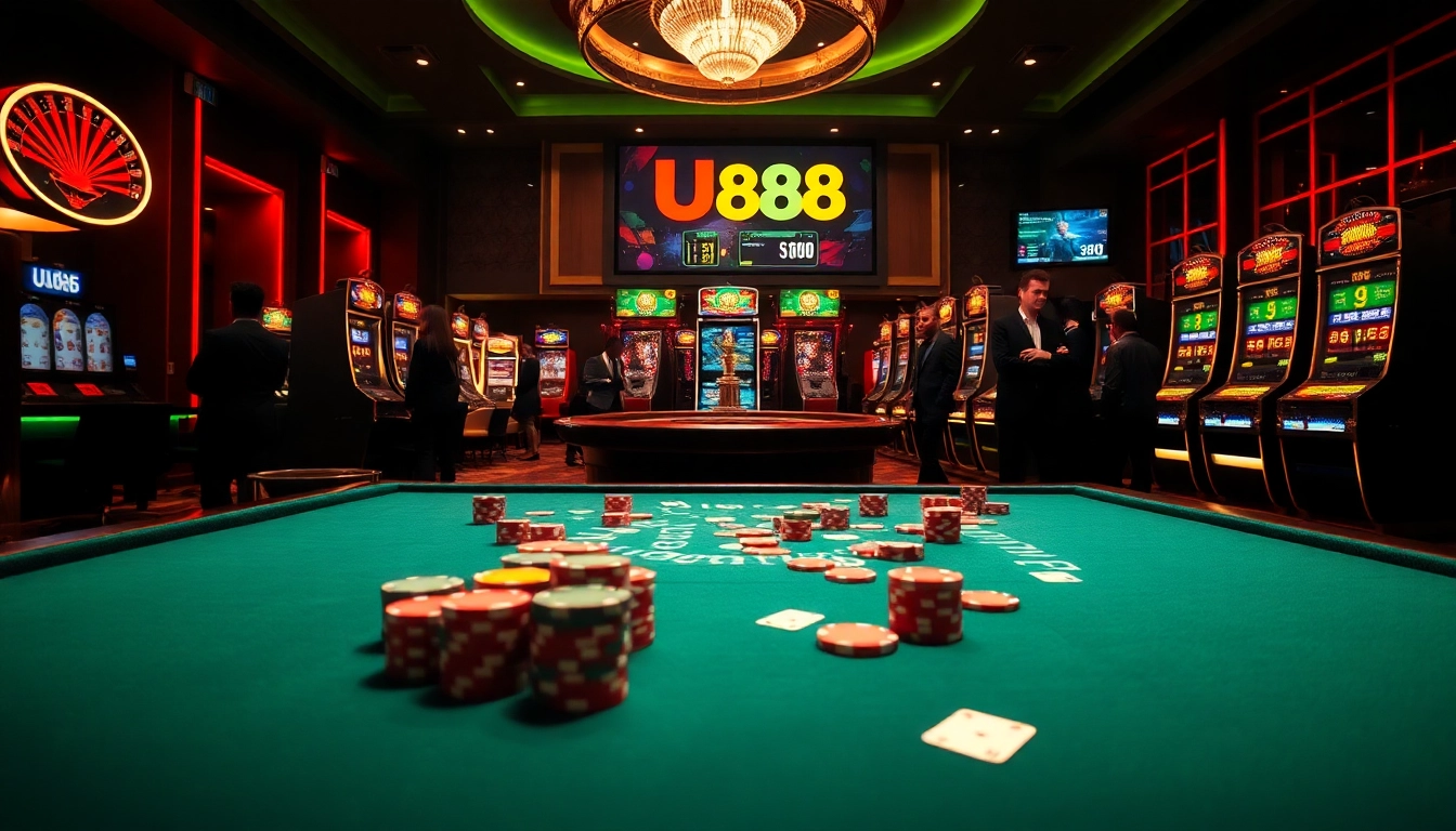 UU88 players engaging in exciting online gambling activities at a luxurious casino.