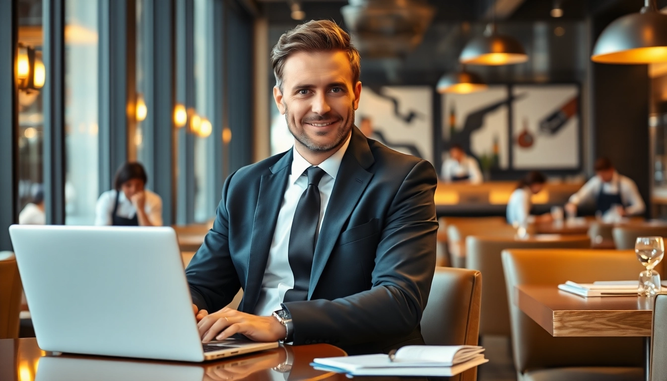 Headhunter Gastronomie beim Arbeiten in einem modernen Restaurant, Laptop und Notizbuch vor sich.