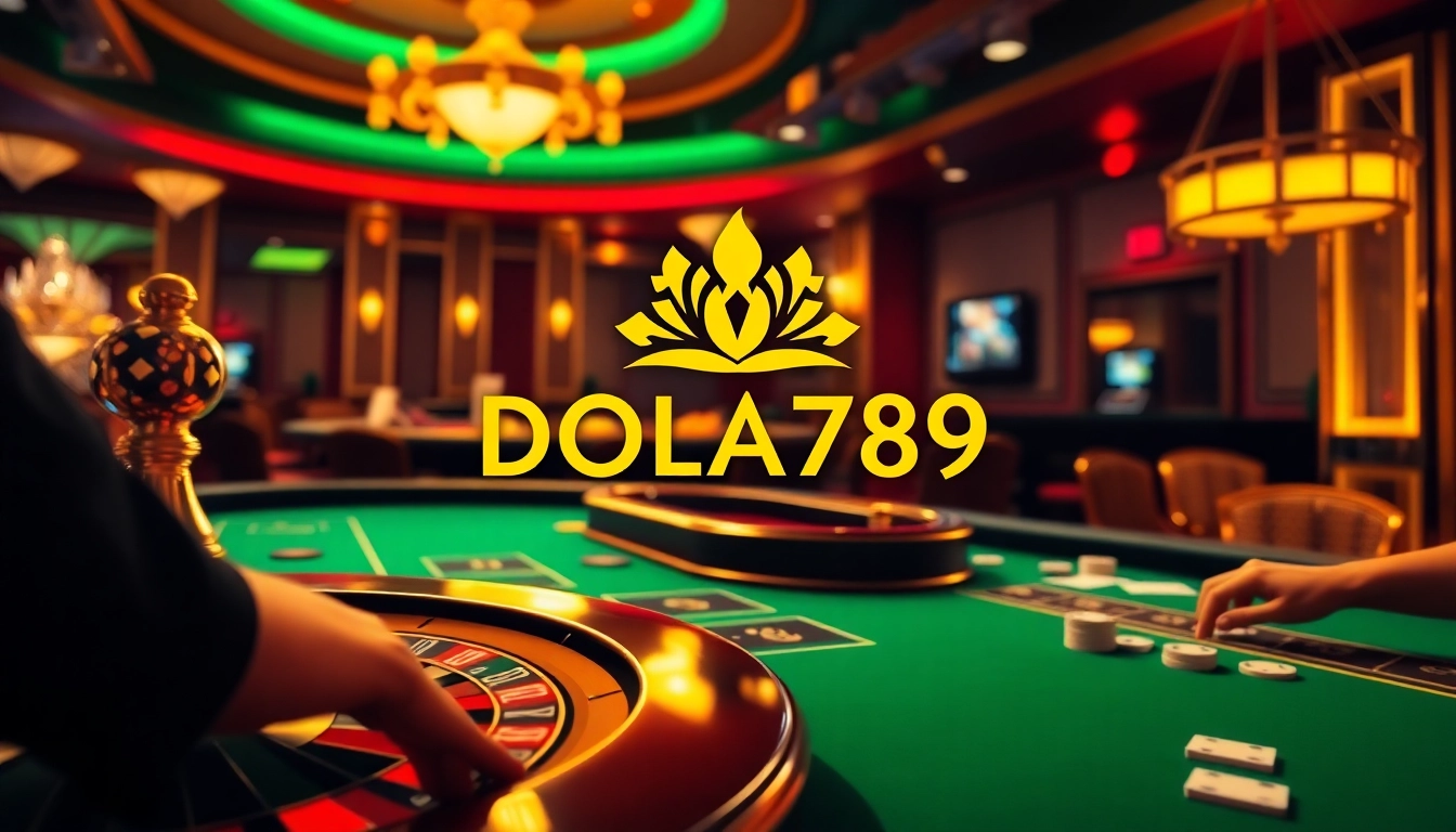 Experience the thrill of betting at DOLA789 with engaging casino elements like poker chips and roulette.