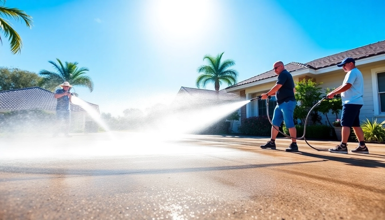 Driveway pressure wash in Kissimmee, FL, showcasing professional cleaning equipment in action.