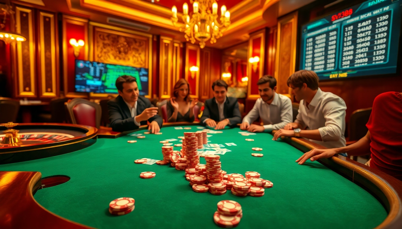 Players engaging in an exciting game at SV388 poker table, showcasing luxury and strategic gambling.