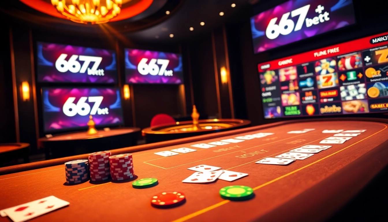 Experience captivating gameplay at 667bet online casino with poker chips and roulette.