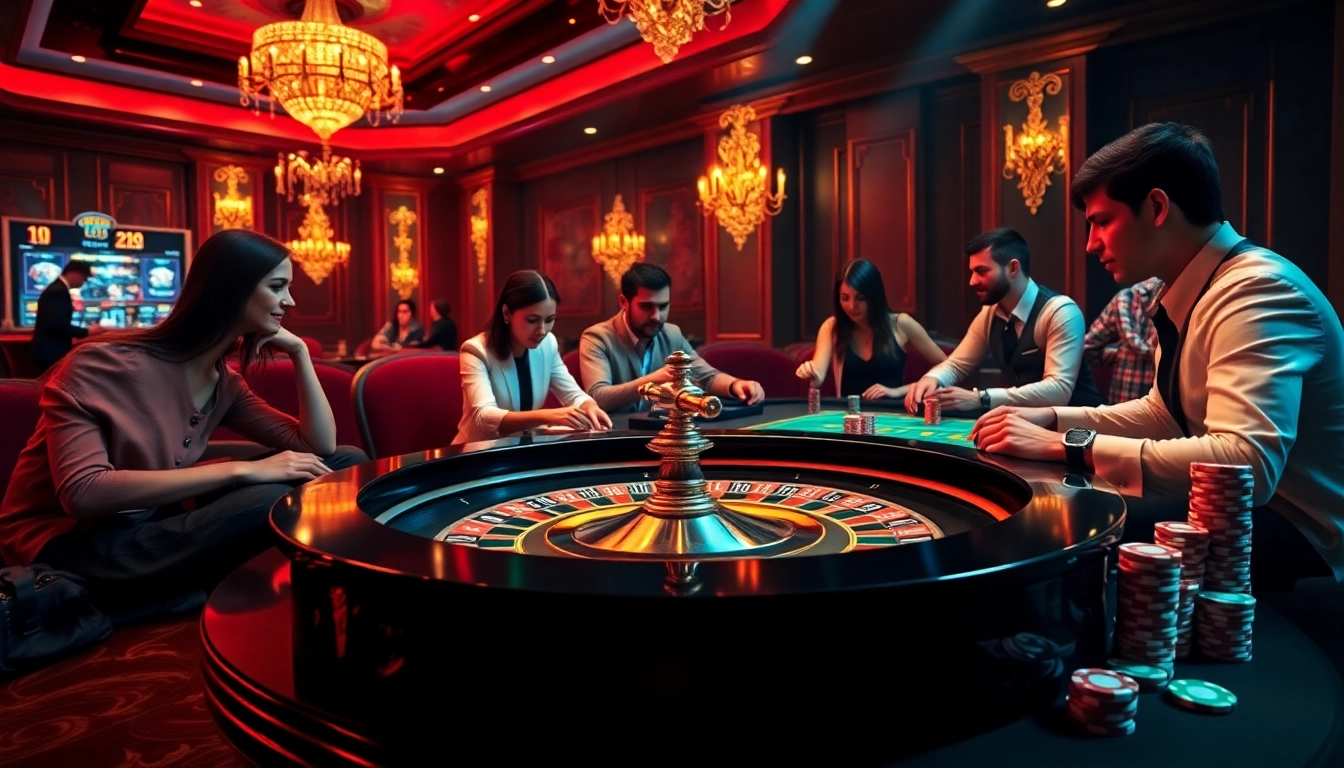 Experience luxury and excitement at Nhà cái 99ok with a vibrant casino scene showcasing roulette and poker.