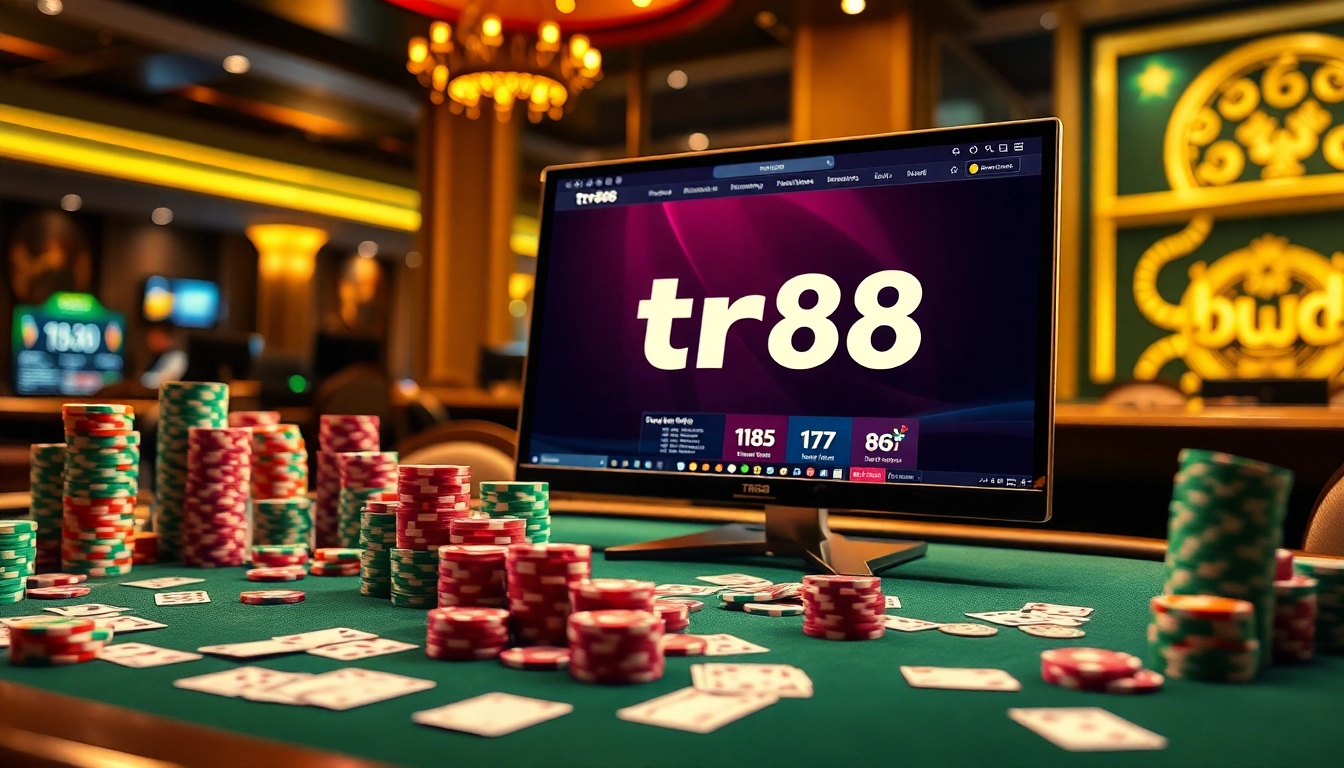 Experience the excitement at TR88 đăng nhập with vibrant casino tables, poker chips, and engaging online gaming.