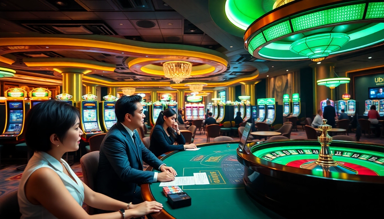 Engaging players enjoying a thrilling moment at 333bet's casino with live dealers and vibrant gaming tables.