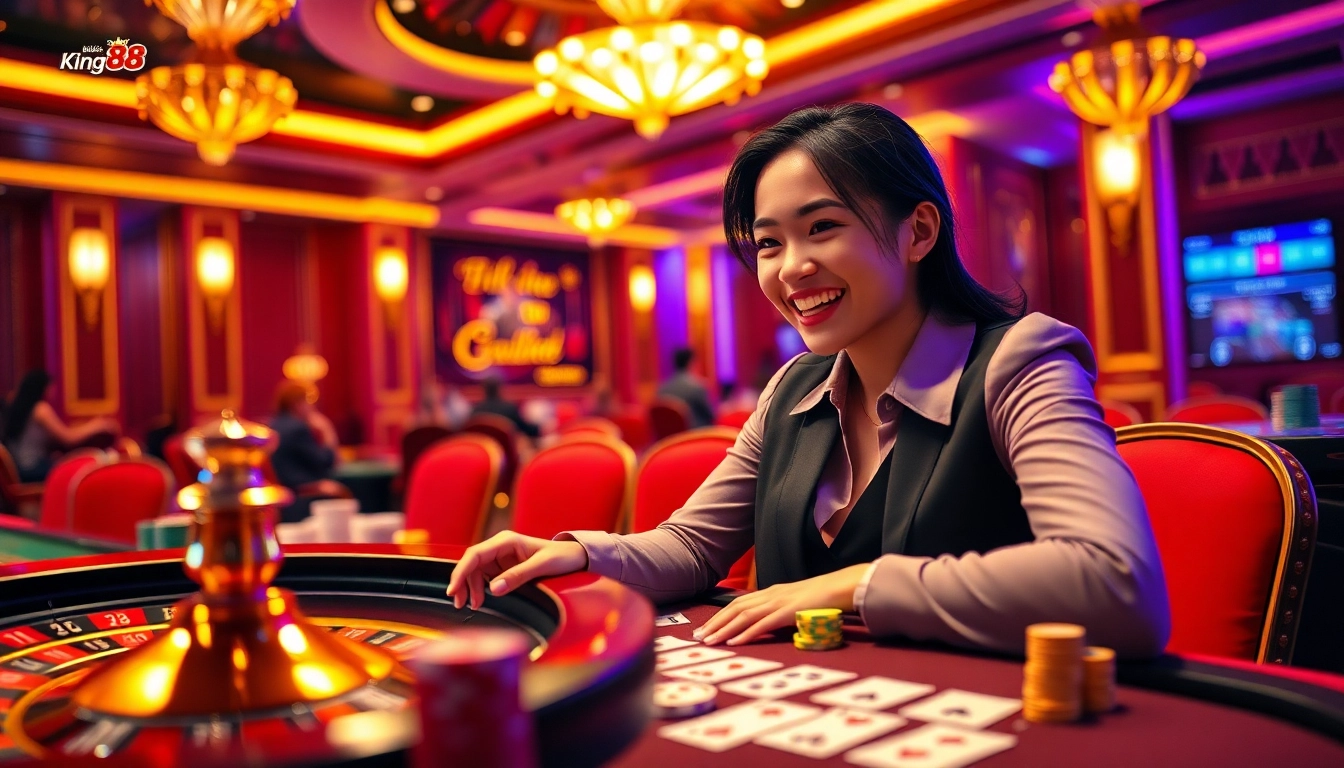 Experience the excitement of gambling at Nhà cái King88 with vibrant casino elements and stunning visuals.
